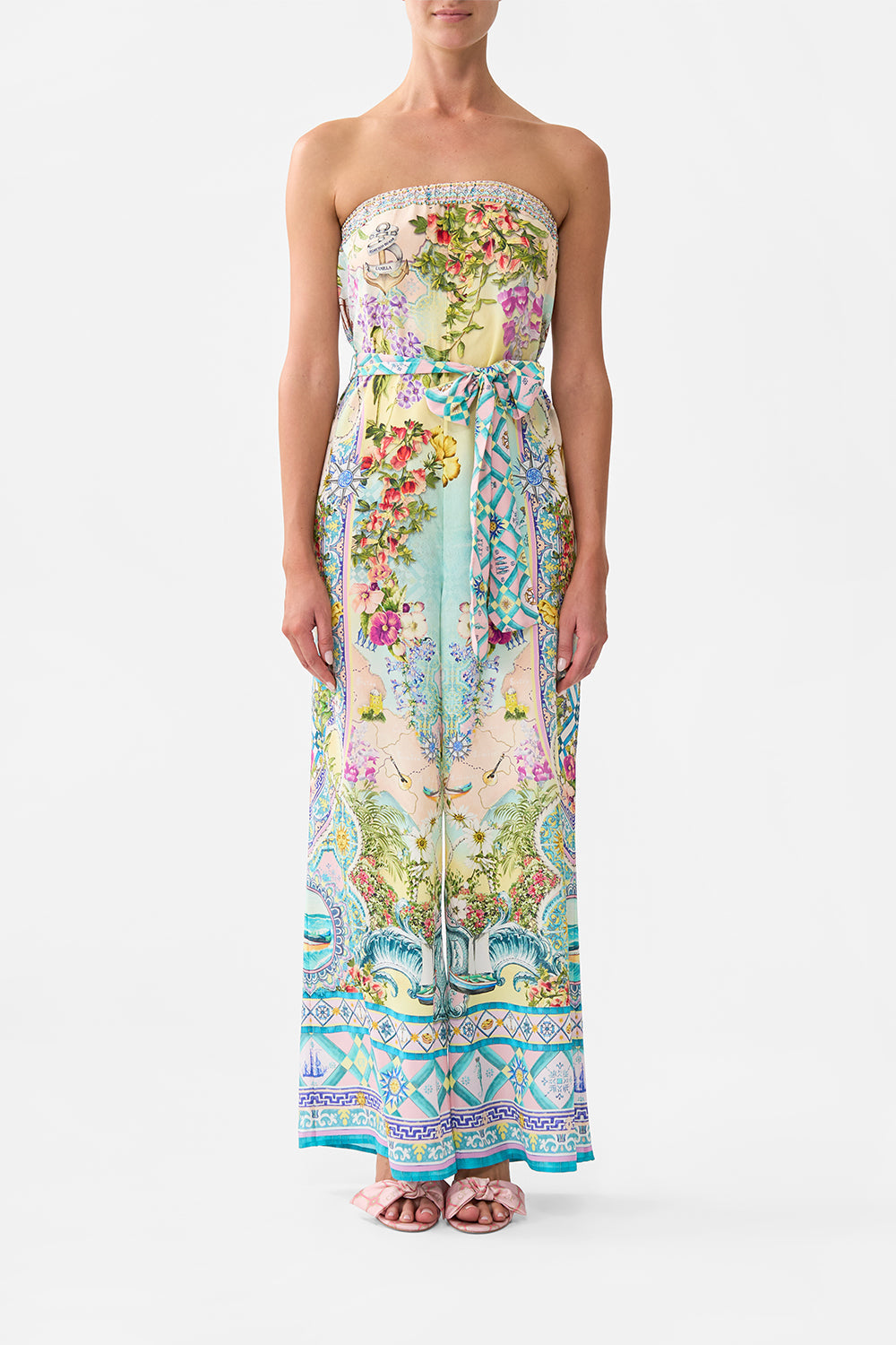 The CAMILLA TIE WAIST STRAPLESS JUMPSUIT JUST COASTING in our JUST COASTING print.