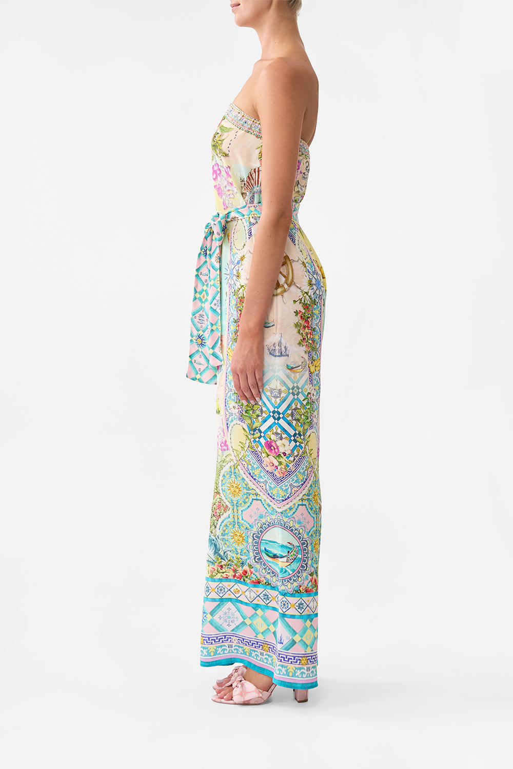 The CAMILLA TIE WAIST STRAPLESS JUMPSUIT JUST COASTING in our  print.