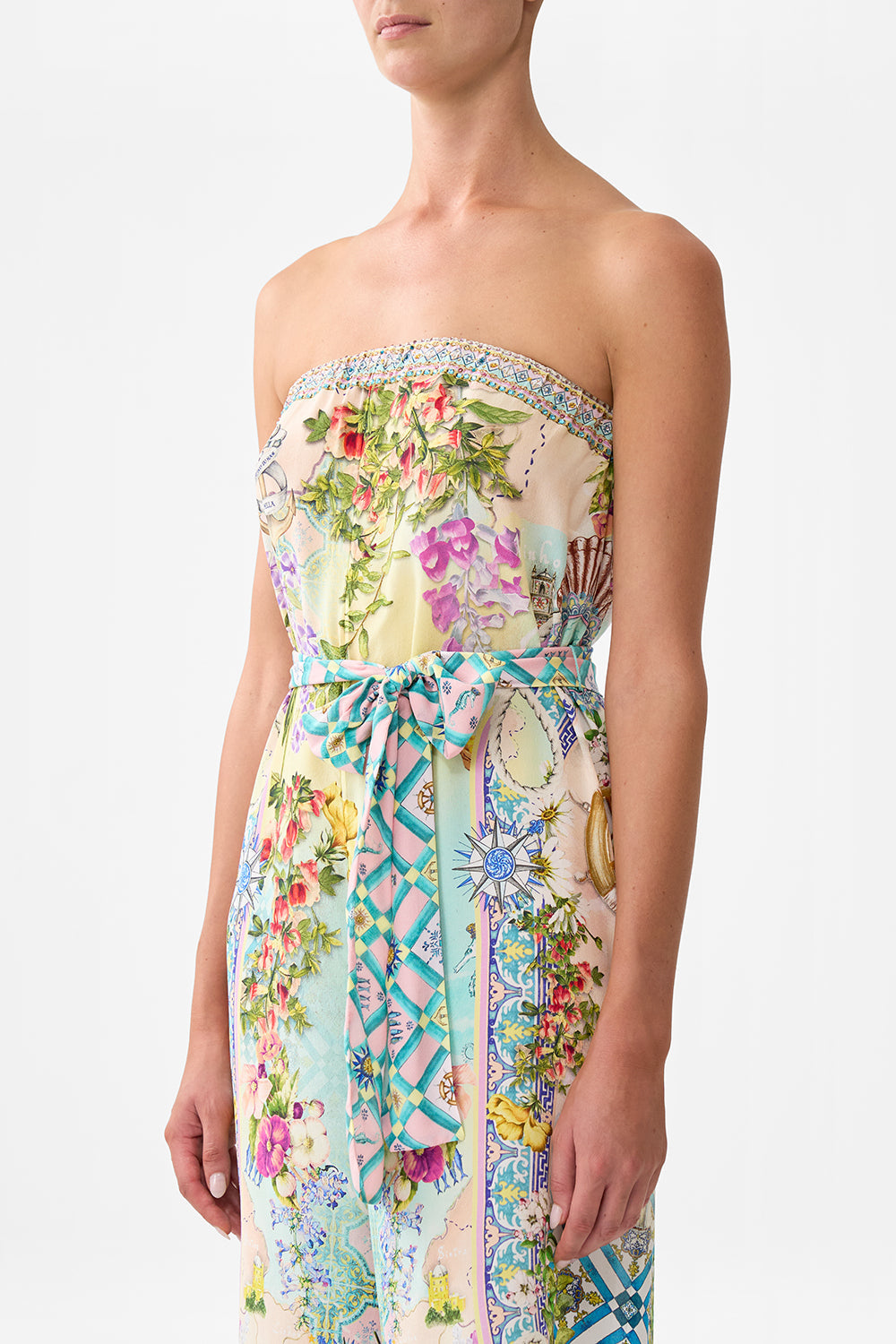 The CAMILLA TIE WAIST STRAPLESS JUMPSUIT JUST COASTING in our  print.