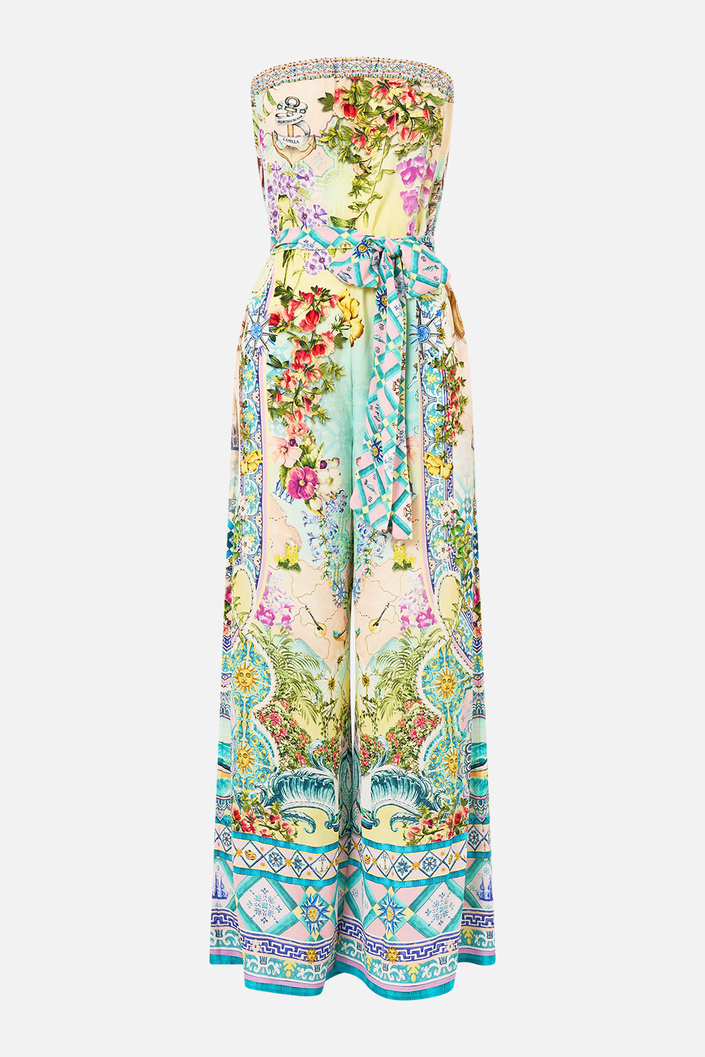 The CAMILLA TIE WAIST STRAPLESS JUMPSUIT JUST COASTING in our  print.