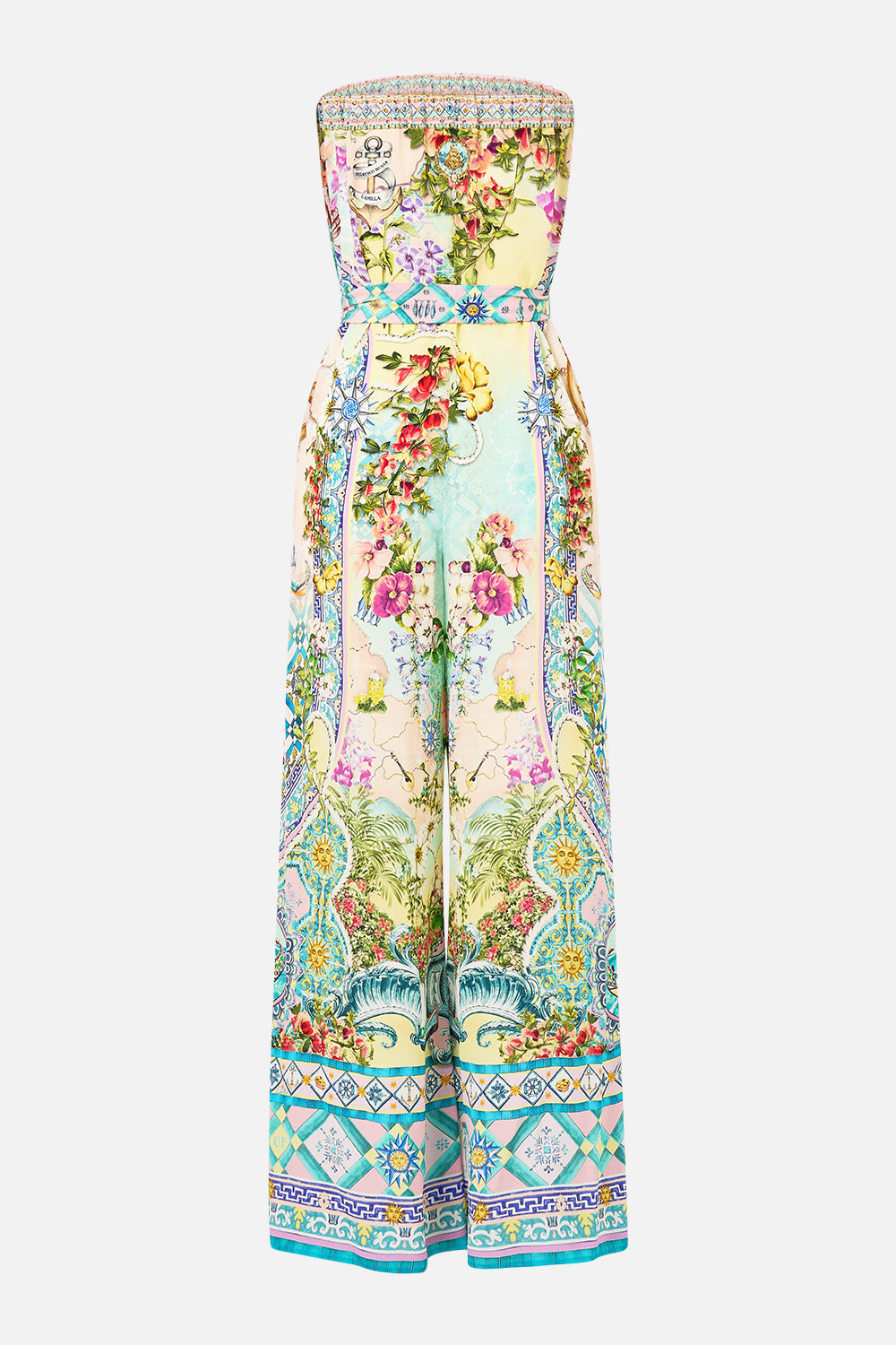 The CAMILLA TIE WAIST STRAPLESS JUMPSUIT JUST COASTING in our  print.