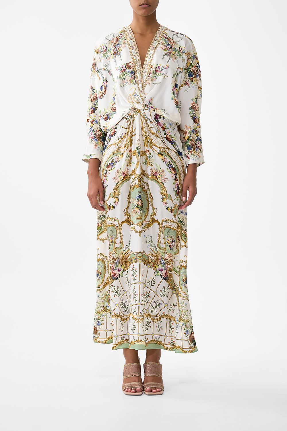 The CAMILLA TWIST FRONT BATWING DRESS DRESSING ROOM DRAMA in our DRESSING ROOM DRAMA print.