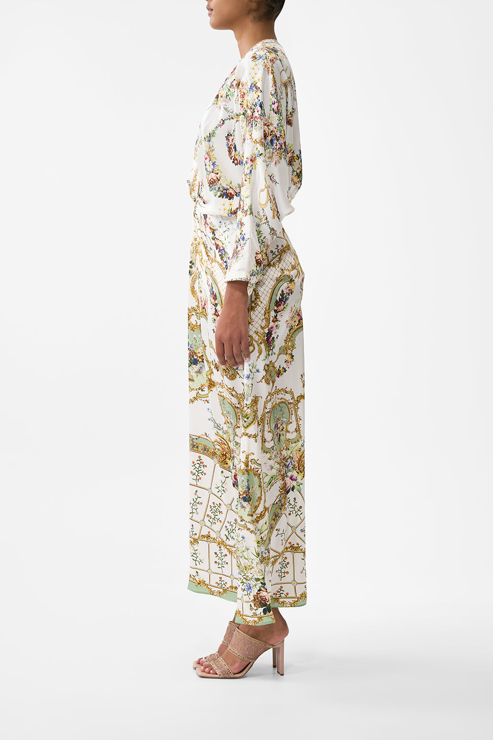 The CAMILLA TWIST FRONT BATWING DRESS DRESSING ROOM DRAMA in our  print.