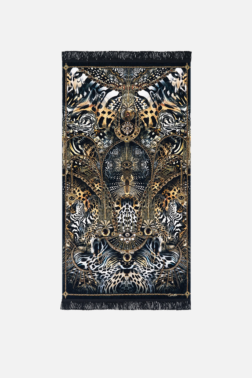 The CAMILLA BEACH TOWEL WITH FRINGE FELINE FOLKLORE in our  print.