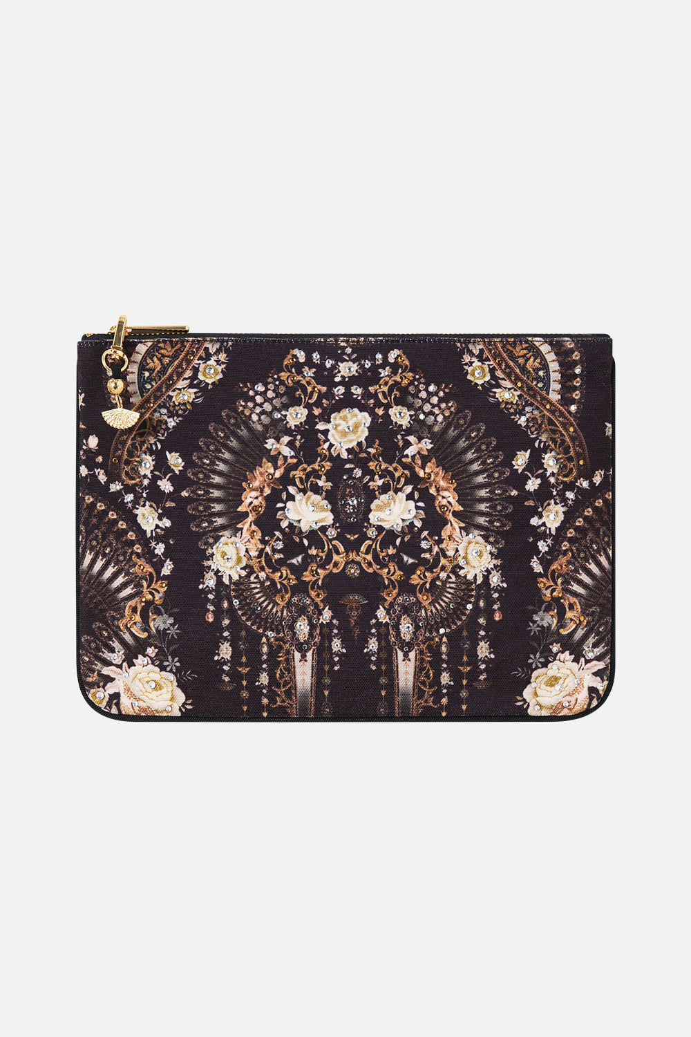 The CAMILLA small canvas clutch in our print Flamenco Folklore. Front view.