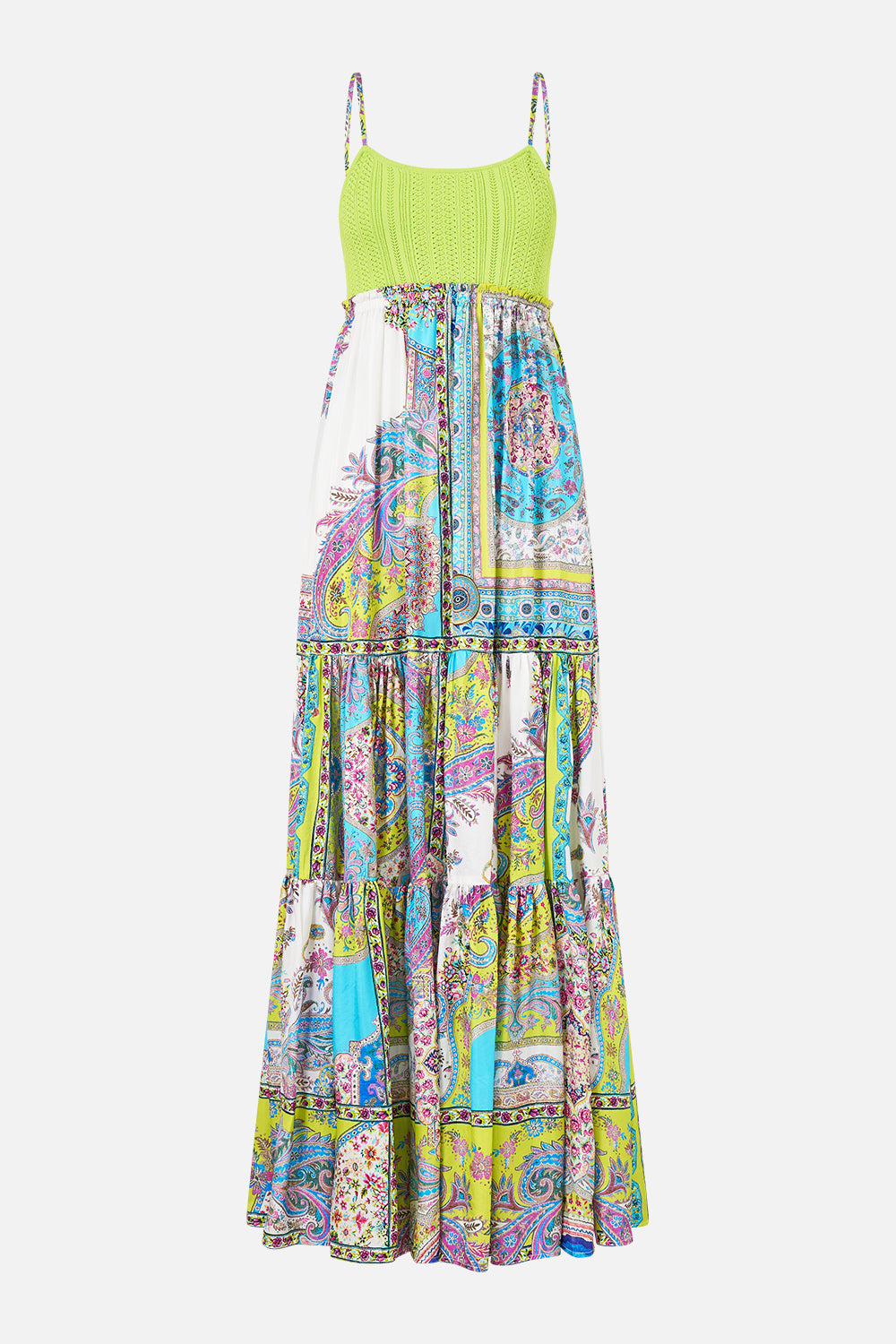 VESTIDO LARGO CON CUERPO DELANTERO DE PUNTO PASEO EN ALFOMBRA MÁGICA