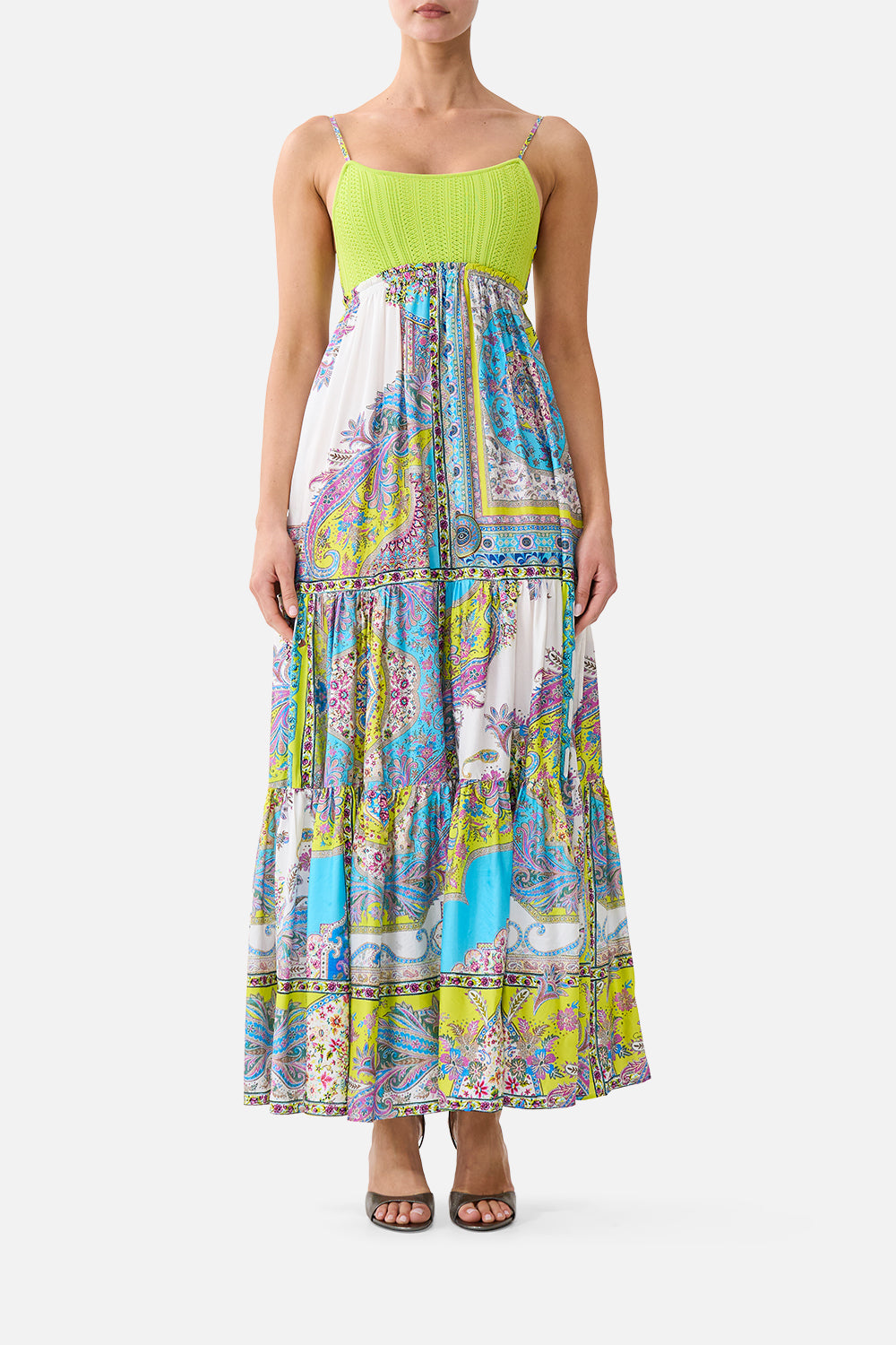 VESTIDO LARGO CON CUERPO DELANTERO DE PUNTO PASEO EN ALFOMBRA MÁGICA