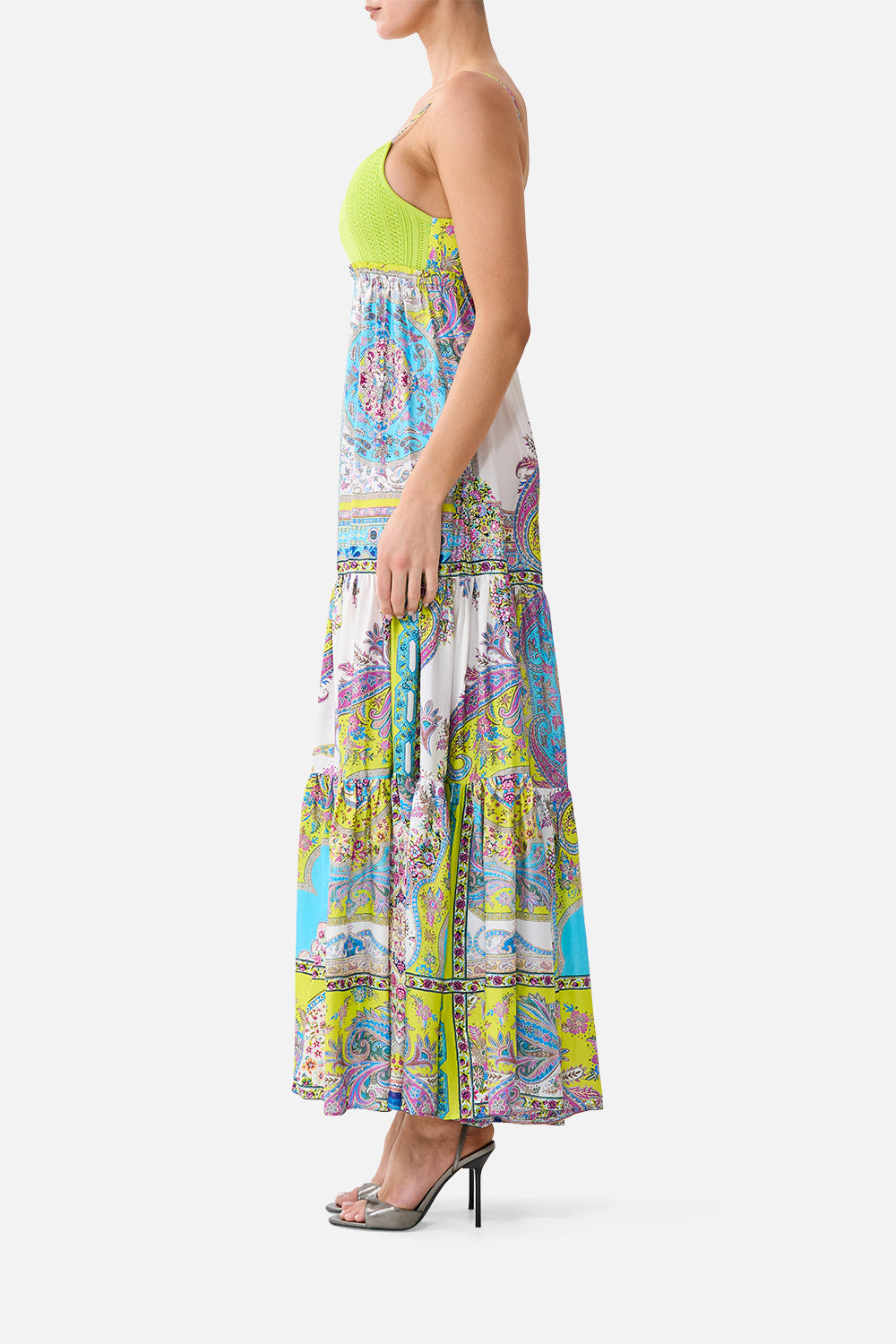 VESTIDO LARGO CON CUERPO DELANTERO DE PUNTO PASEO EN ALFOMBRA MÁGICA