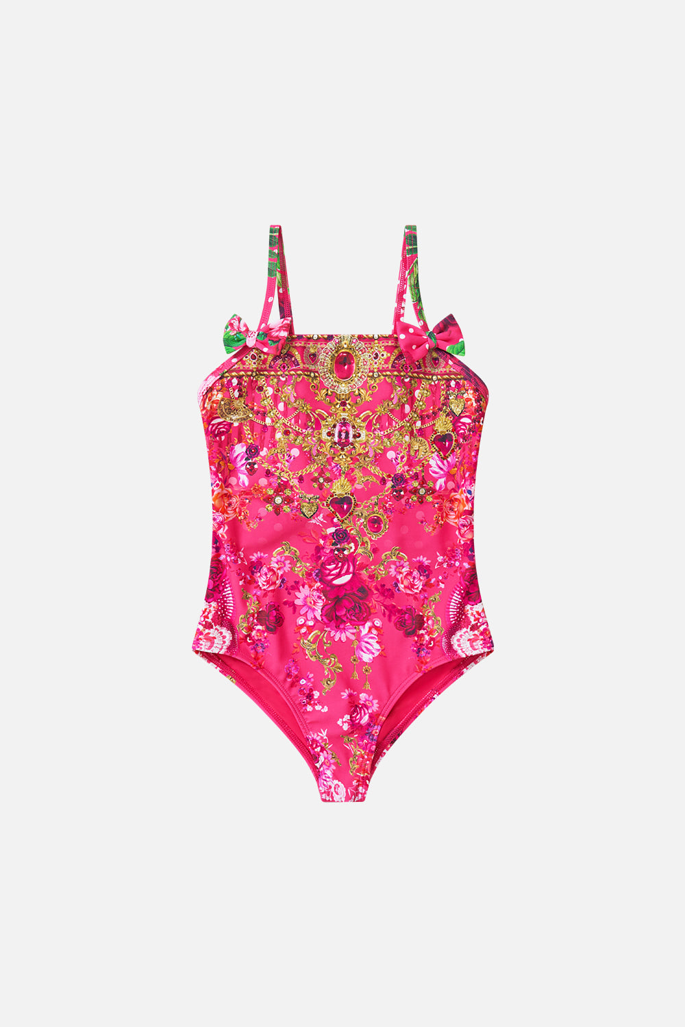 MONOPIEZA INFANTIL CUELLO RECTO CON MOÑOS ROSA FLAMENCO