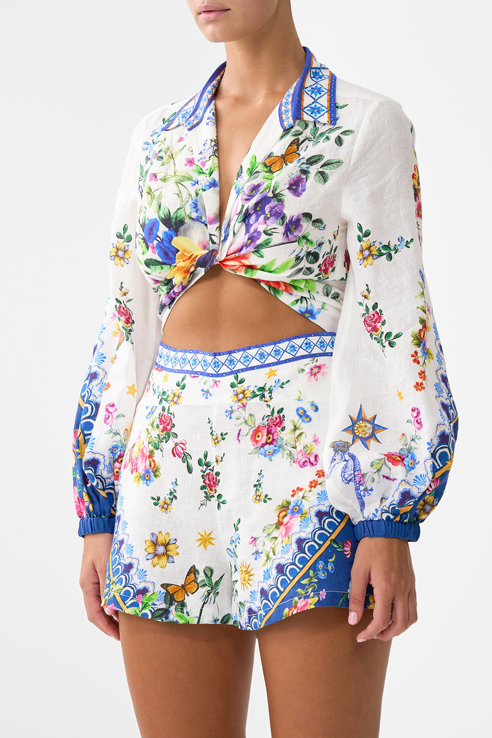 The CAMILLA Cropped Wrap Shirt in our Tiles Darls print.
