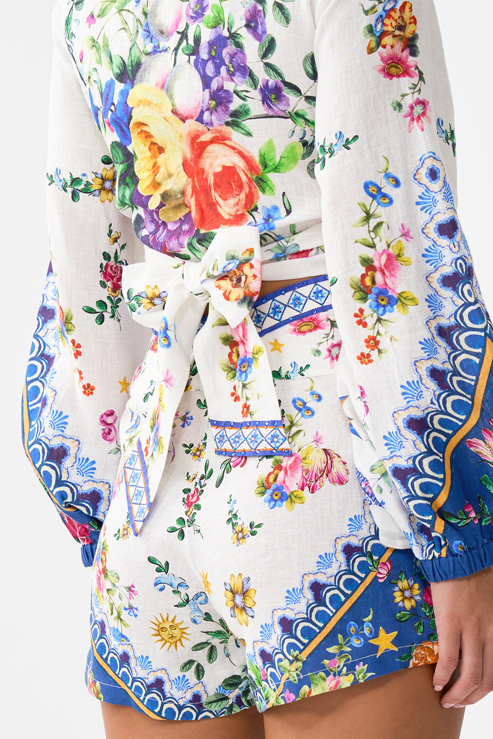 The CAMILLA Cropped Wrap Shirt in our Tiles Darls print.