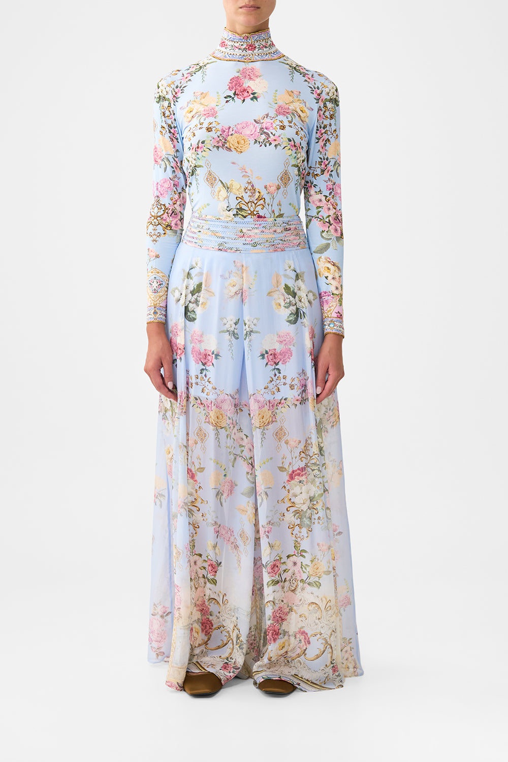 The CAMILLA waisted wide leg pant from our print tiled in time