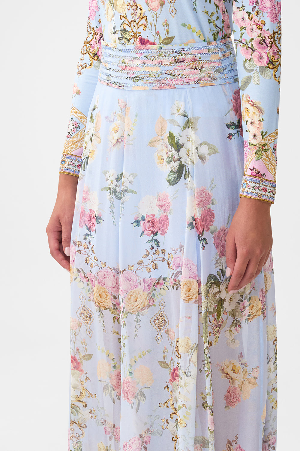 The CAMILLA waisted wide leg pant from our print tiled in time
