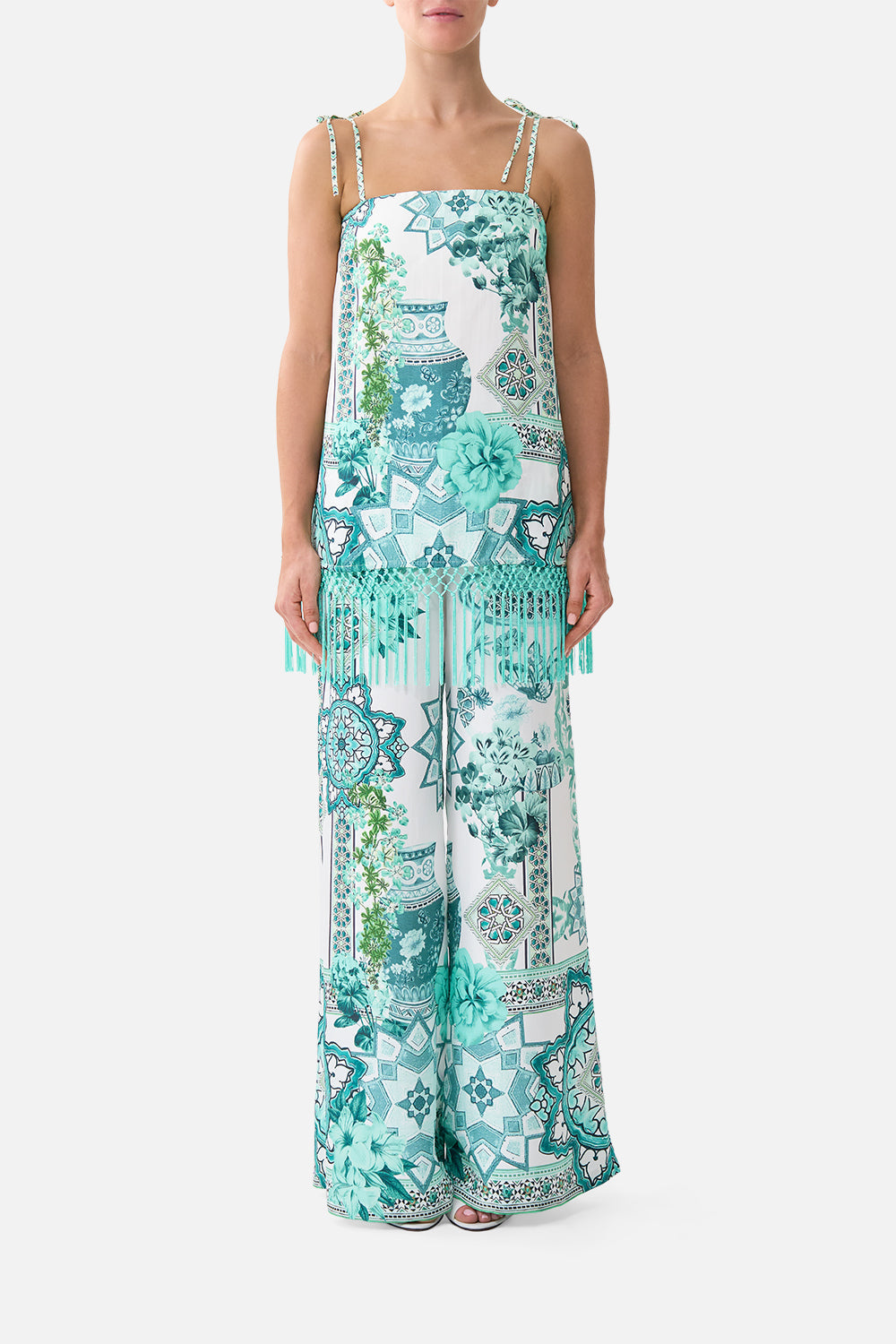 The CAMILLA straight scarf top in our print Balearic Bebé. Front model view.