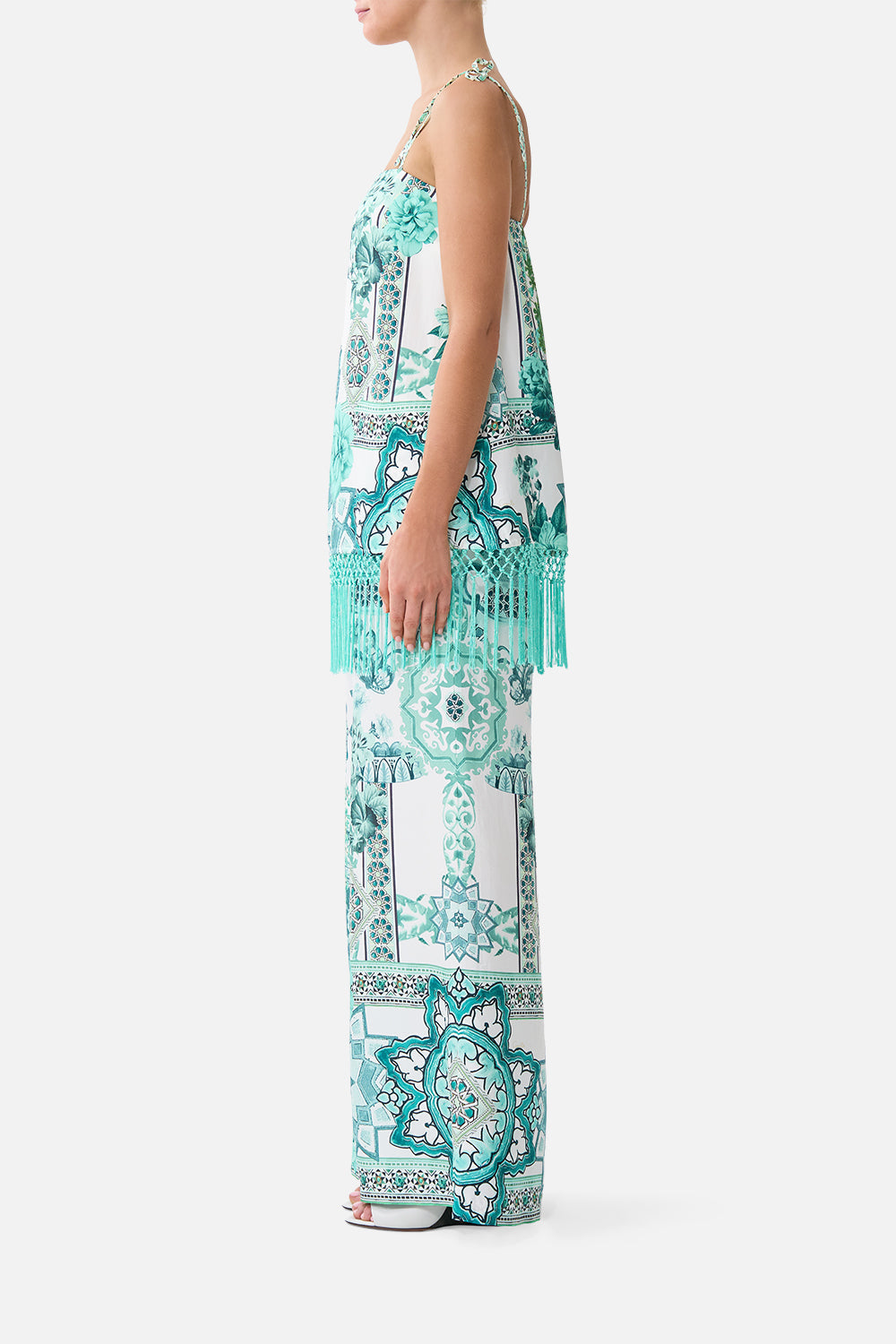 The CAMILLA straight scarf top in our print Balearic Bebé. Side model view.
