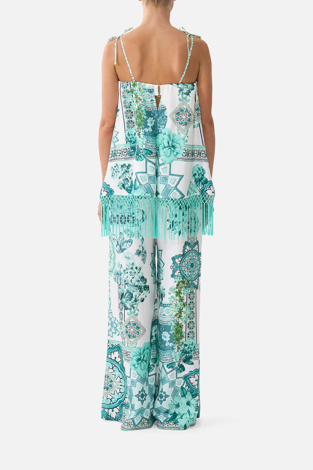 The CAMILLA straight scarf top in our print Balearic Bebé. Back model view.