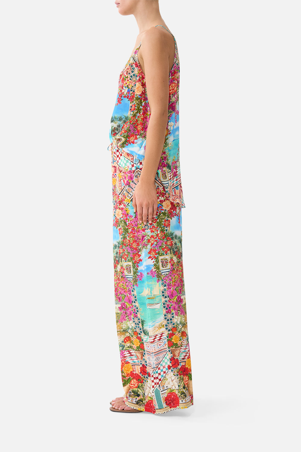 The CAMILLA straight leg pant in our print Meet Me in Mallorca. Side model view.
