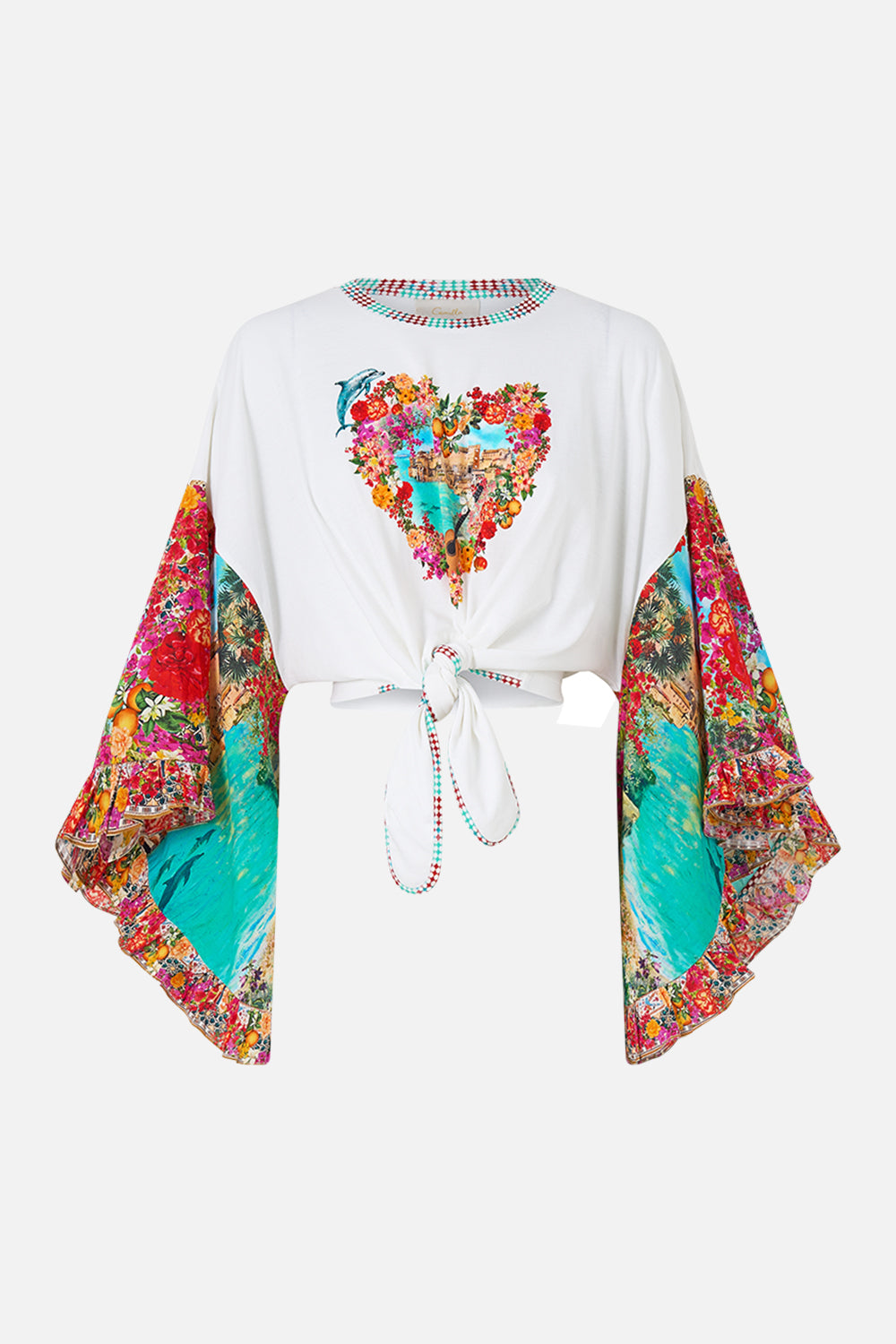 The CAMILLA tie front ruffle sleeve t shirt in our print Meet Me in Mallorca. Front view.