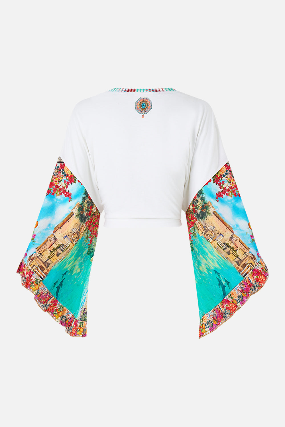 The CAMILLA tie front ruffle sleeve t shirt in our print Meet Me in Mallorca.