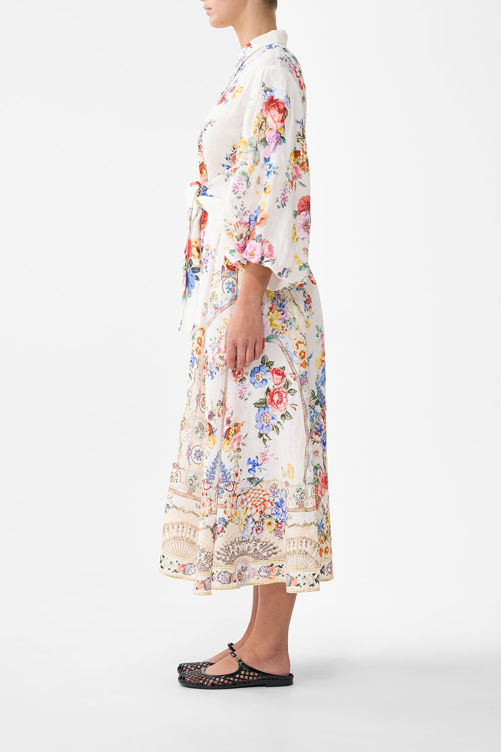 The CAMILLA WAIST TIE SHIRT DRESS WITH BUBBLE SLEEVE I LEFT MY HEART IN GRANADA in our  print.