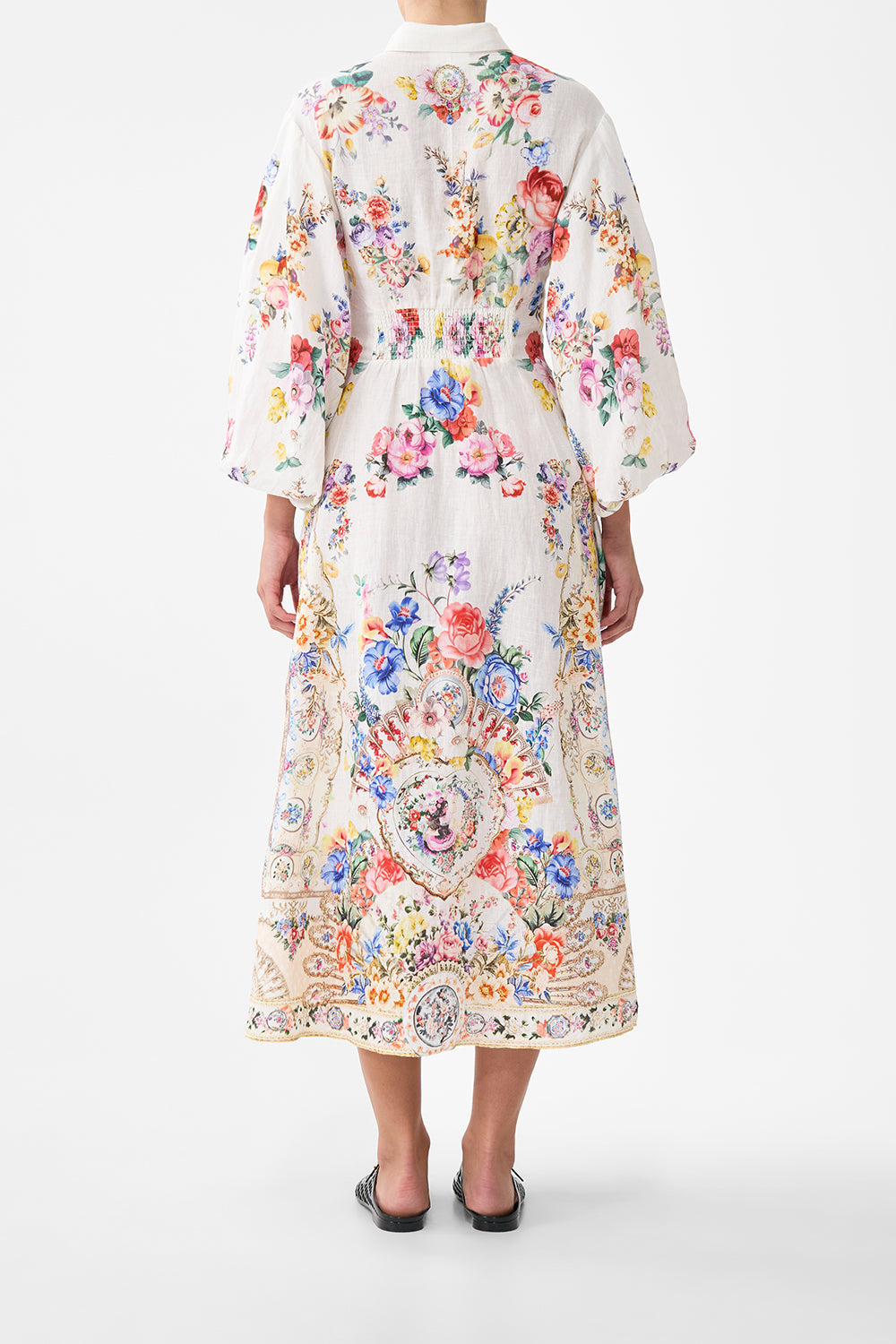 The CAMILLA WAIST TIE SHIRT DRESS WITH BUBBLE SLEEVE I LEFT MY HEART IN GRANADA in our  print.