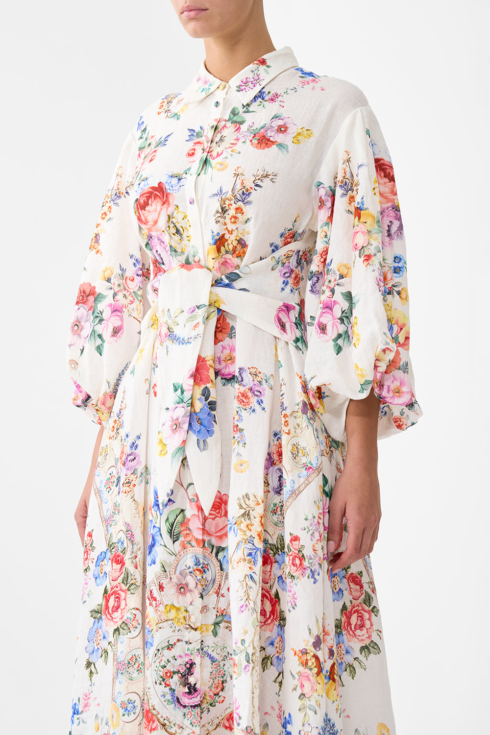 The CAMILLA WAIST TIE SHIRT DRESS WITH BUBBLE SLEEVE I LEFT MY HEART IN GRANADA in our  print.