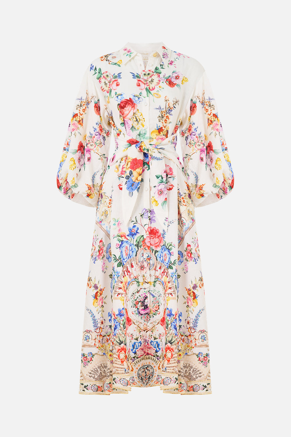 The CAMILLA WAIST TIE SHIRT DRESS WITH BUBBLE SLEEVE I LEFT MY HEART IN GRANADA in our  print.