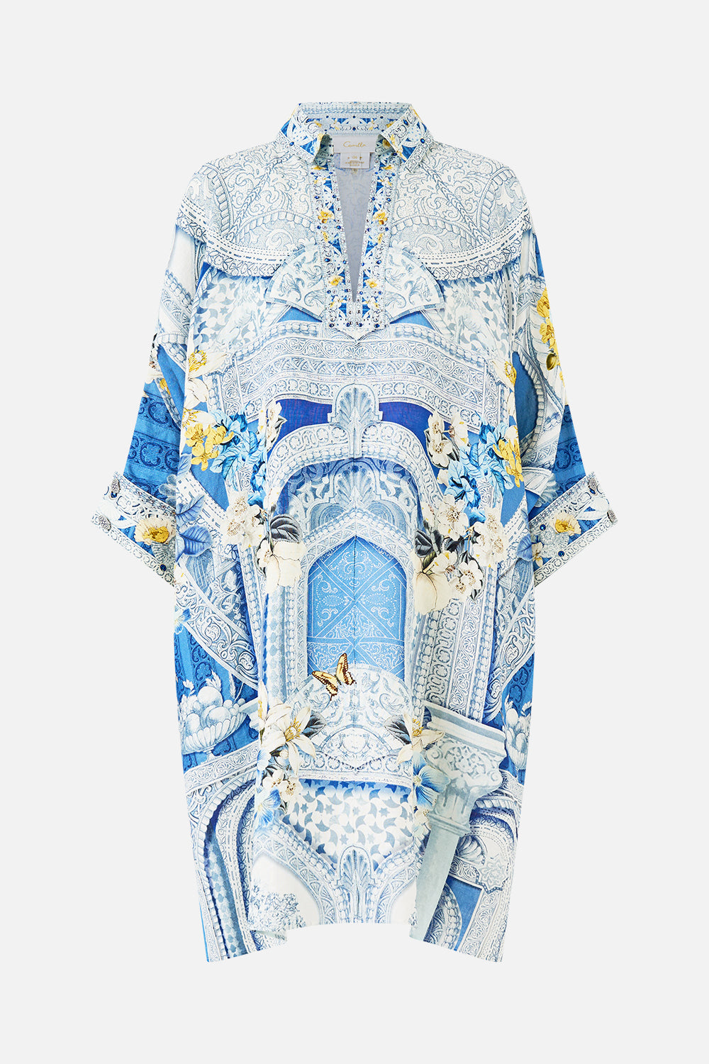 The CAMILLA wide body collared kaftan in our print De Nada Granada. Front view.