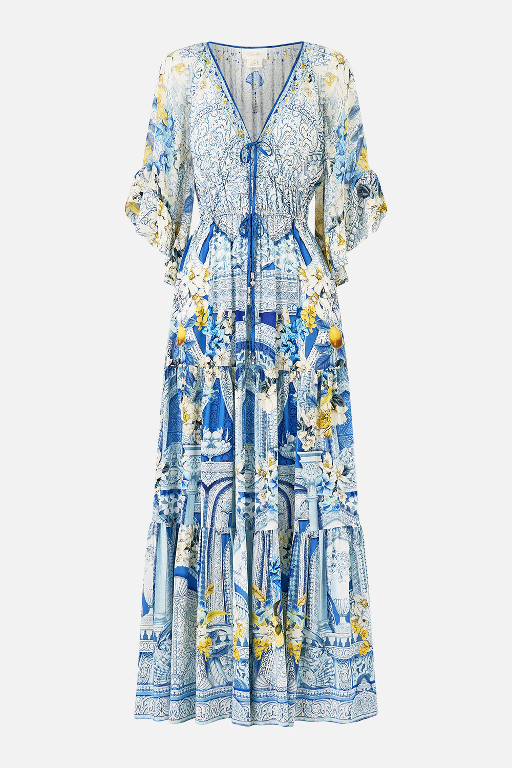 VESTIDO LARGO CON MANGAS DE VOLANTES DE NADA GRANADA
