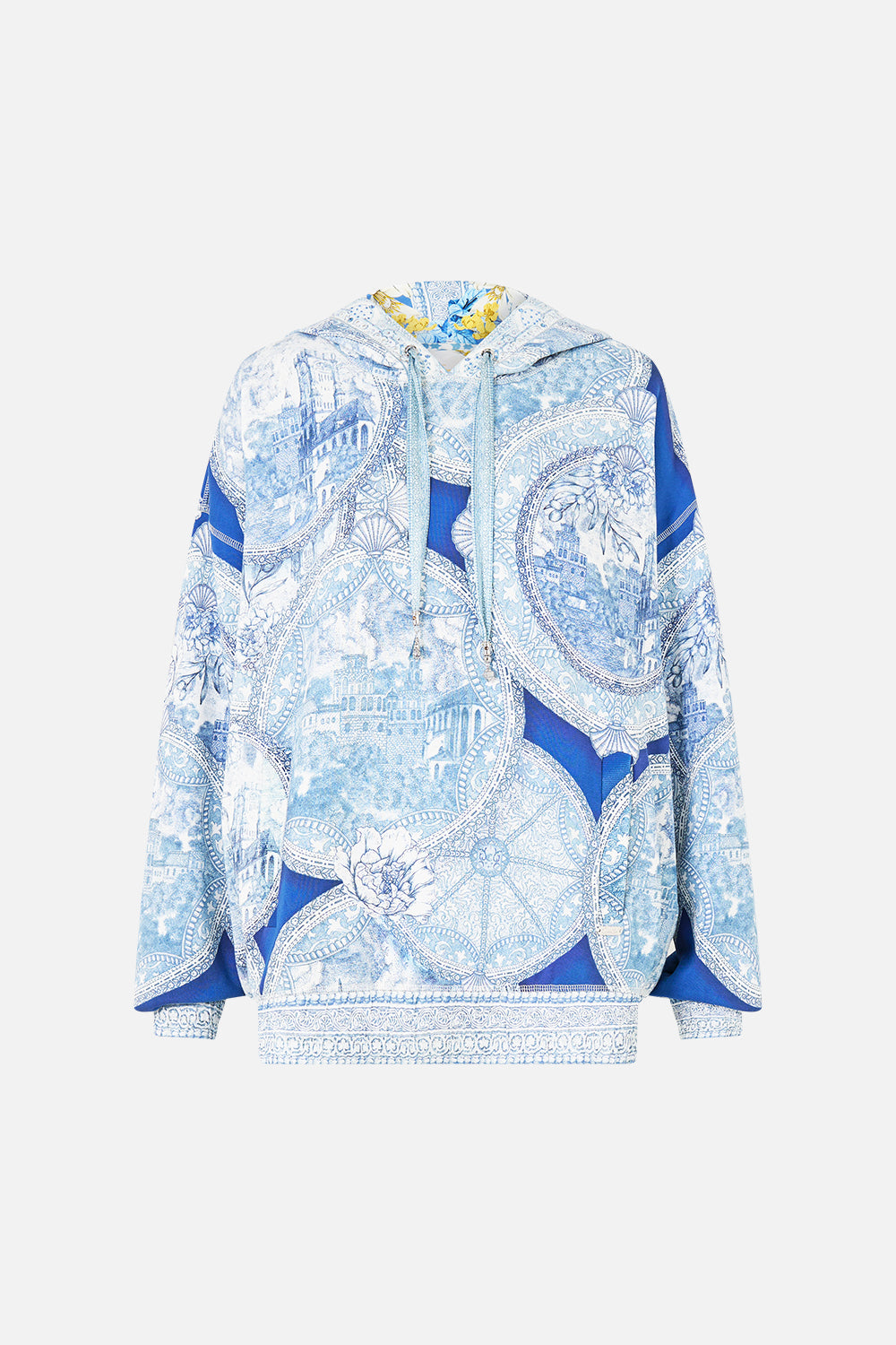 The CAMILLA contrast band hoodie with side pockets in our print De Nada Granada. Front view.