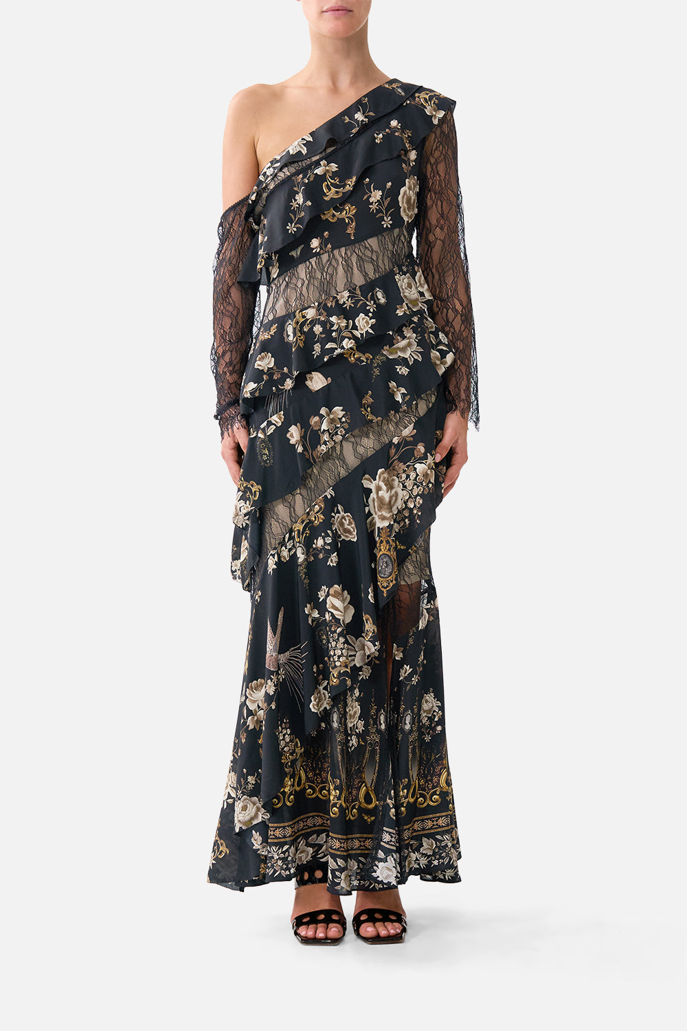 VESTIDO ASIMÉTRICO CON VOLANTES Y PANELES ESTILO FOLCLÓRICO FLAMENCO