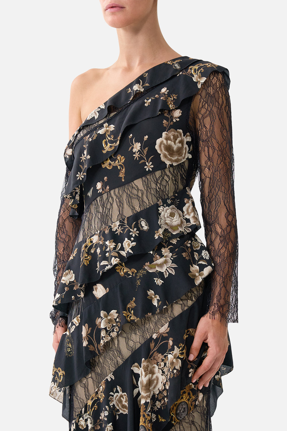 VESTIDO ASIMÉTRICO CON VOLANTES Y PANELES ESTILO FOLCLÓRICO FLAMENCO