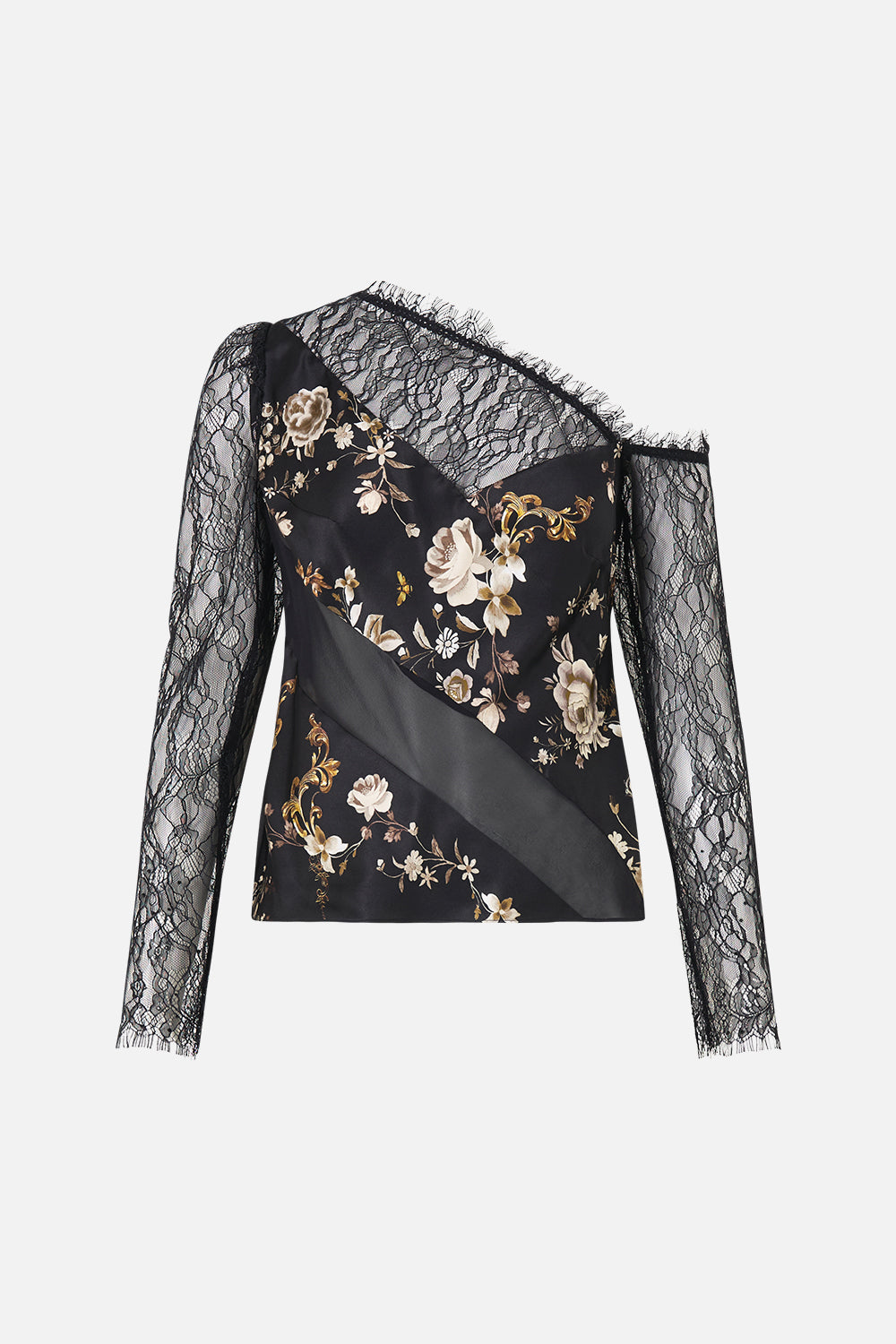 The CAMILLA lace splice one shoulder top in our print Flamenco Folklore. Front view.