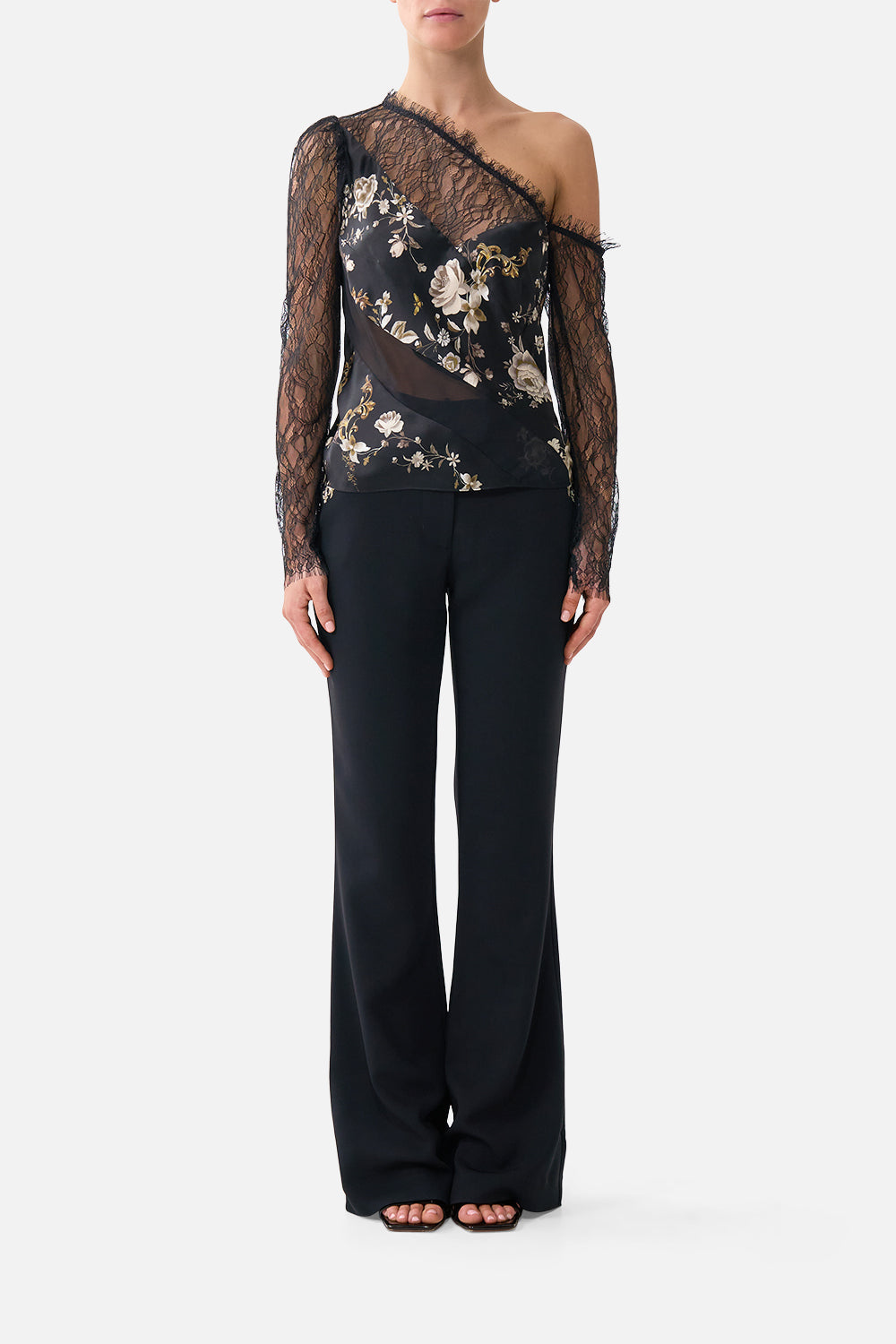 The CAMILLA LACE SPLICE ONE SHOULDER TOP FLAMENCO FOLKLORE in our FLAMENCO FOLKLORE print.