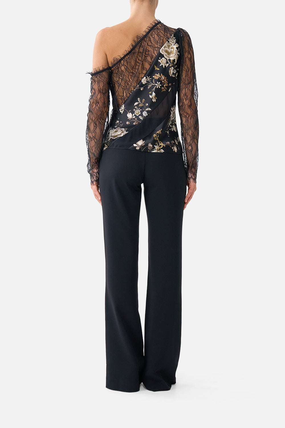 The CAMILLA lace splice one shoulder top in our print Flamenco Folklore. Back model view.