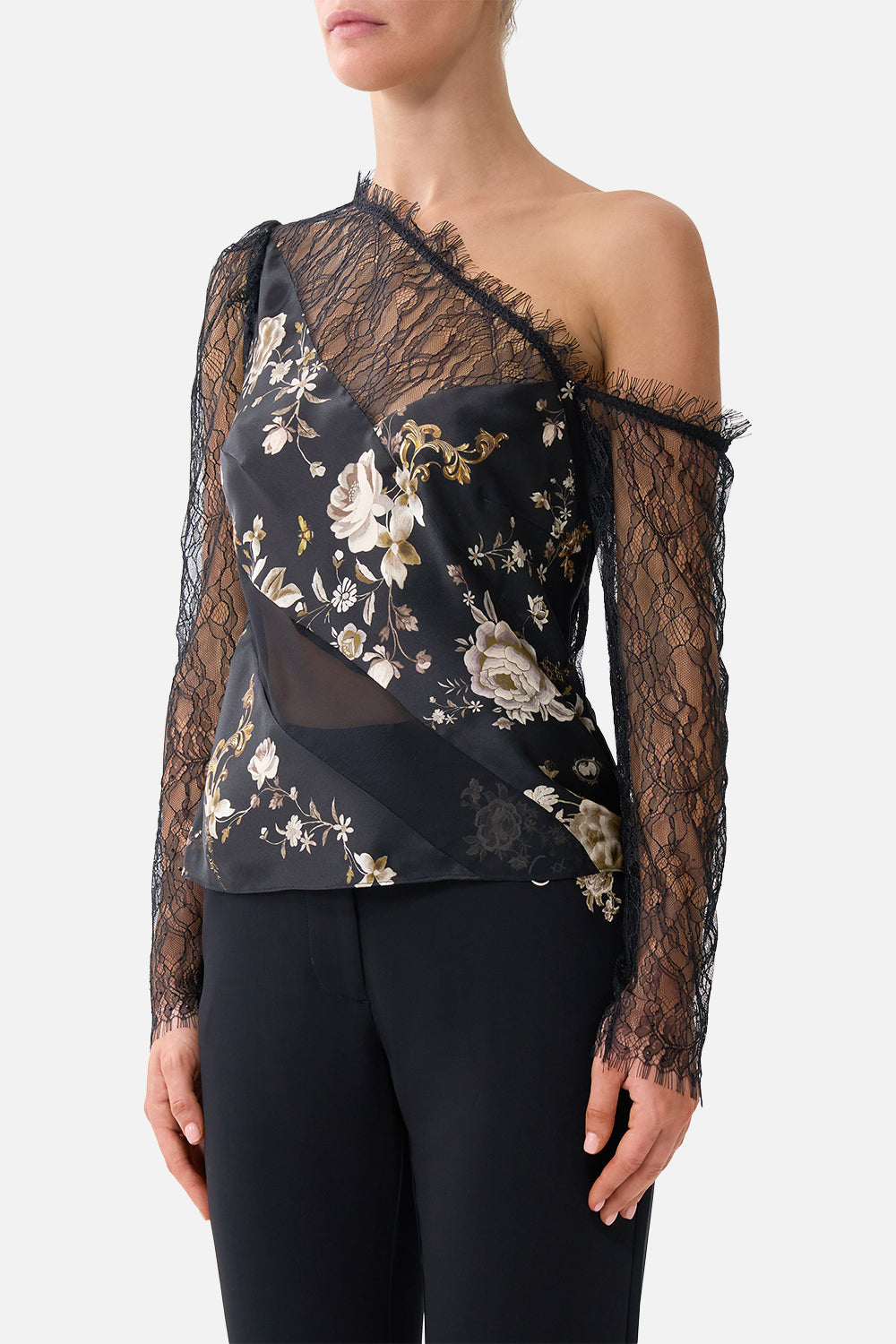 The CAMILLA lace splice one shoulder top in our print Flamenco Folklore.