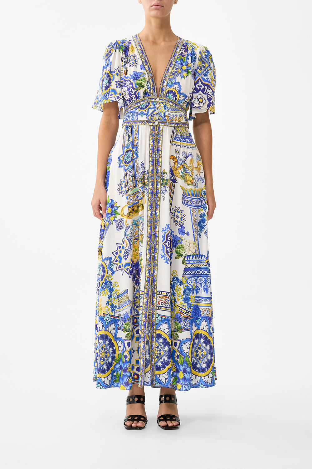 SHAPED WAISTBAND DRESS WITH FLUTTER SLEEVES ESPAÑA NIRVANA