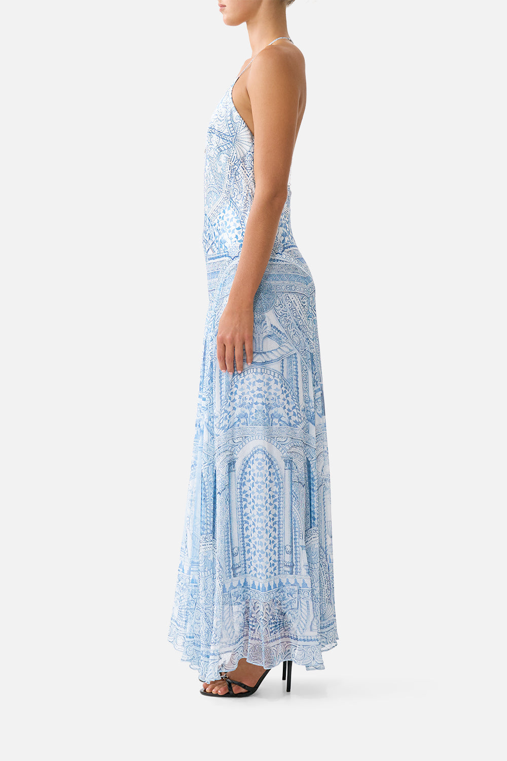 The CAMILLA hardware detail slip dress in our print The Hum of the Alhambra. Side model view.