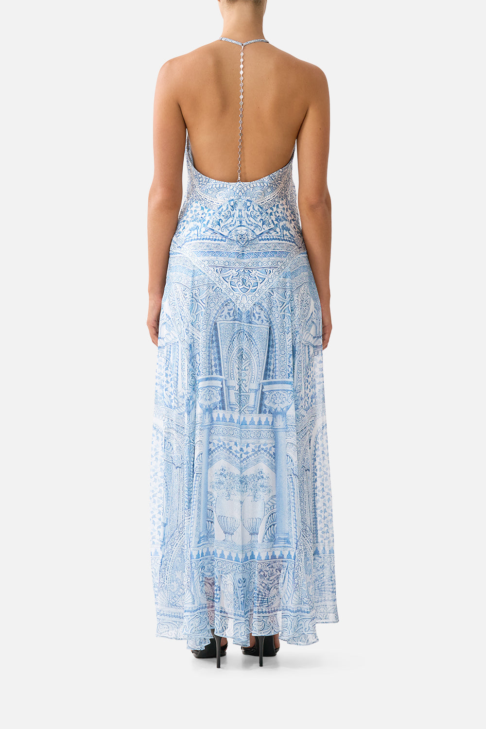 The CAMILLA hardware detail slip dress in our print The Hum of the Alhambra. Back model view.