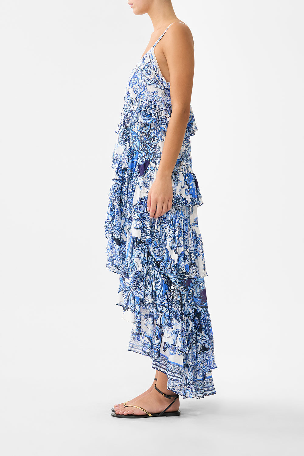 The A Tiled Wonderland V Neck Ruffle High Low Dress