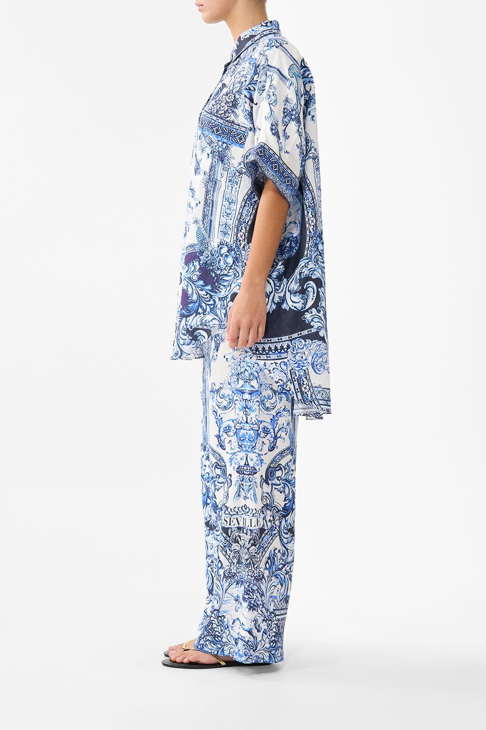 The CAMILLA minimal wide leg pant in our print A Tiled Wonderland. Back model view.