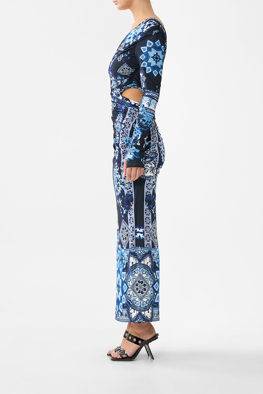 The A Tiled Wonderland One Shoulder Jersey Cut Out Dress