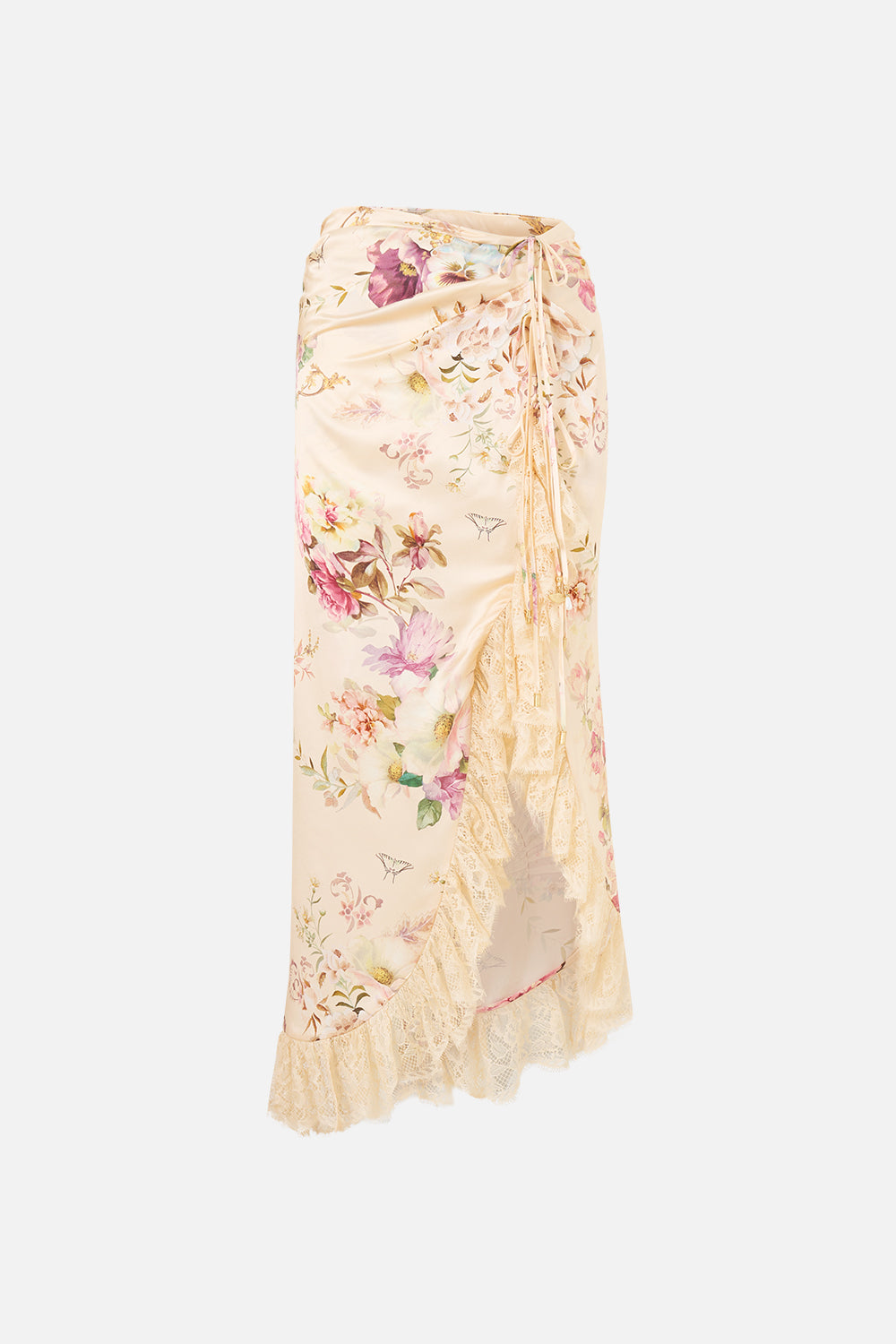 The CAMILLA WRAP TIE SKIRT WITH RUFFLE ADORNED IN ARANJUEZ in our  print.