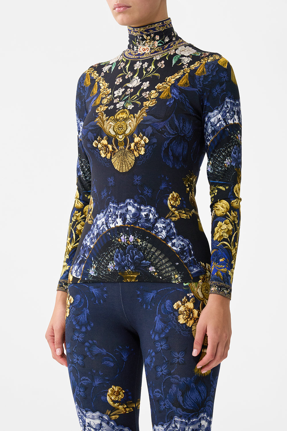 The CAMILLA JERSEY TURTLENECK NOTES FROM THE BLUE ROOM in our  print.