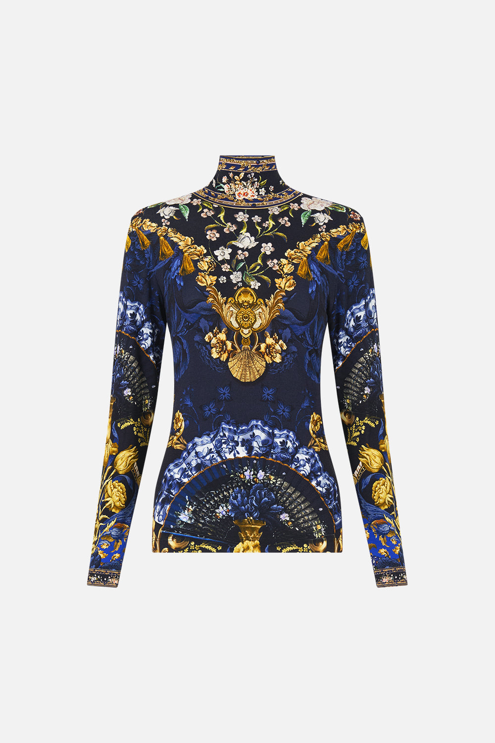 The CAMILLA JERSEY TURTLENECK NOTES FROM THE BLUE ROOM in our  print.