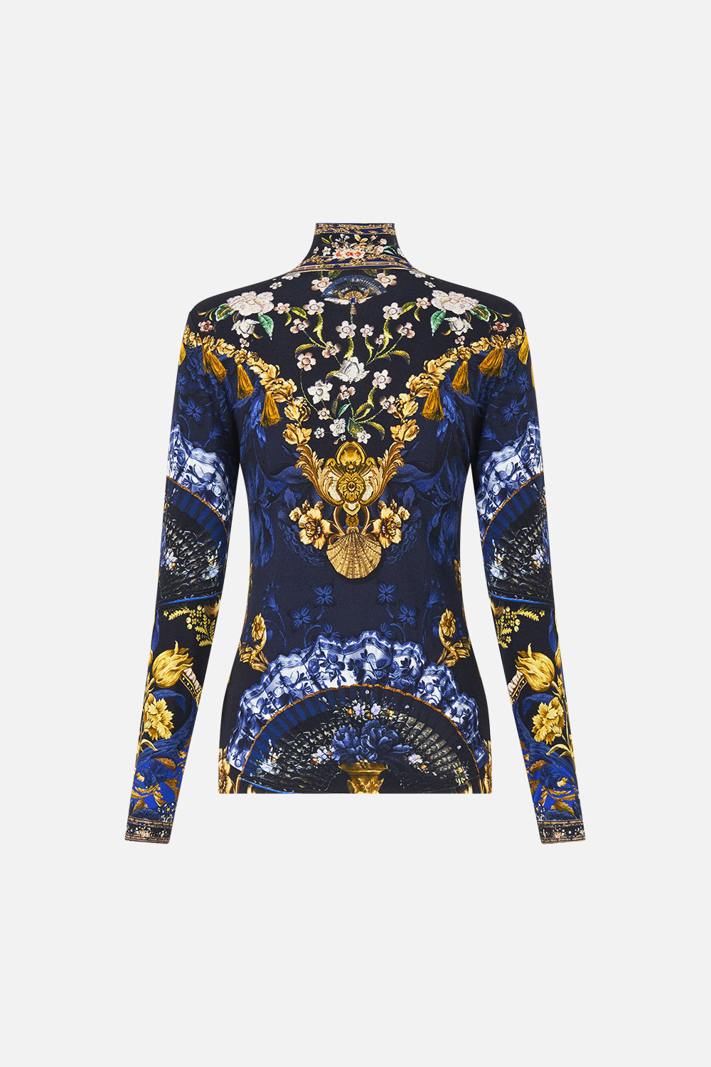 The CAMILLA JERSEY TURTLENECK NOTES FROM THE BLUE ROOM in our  print.