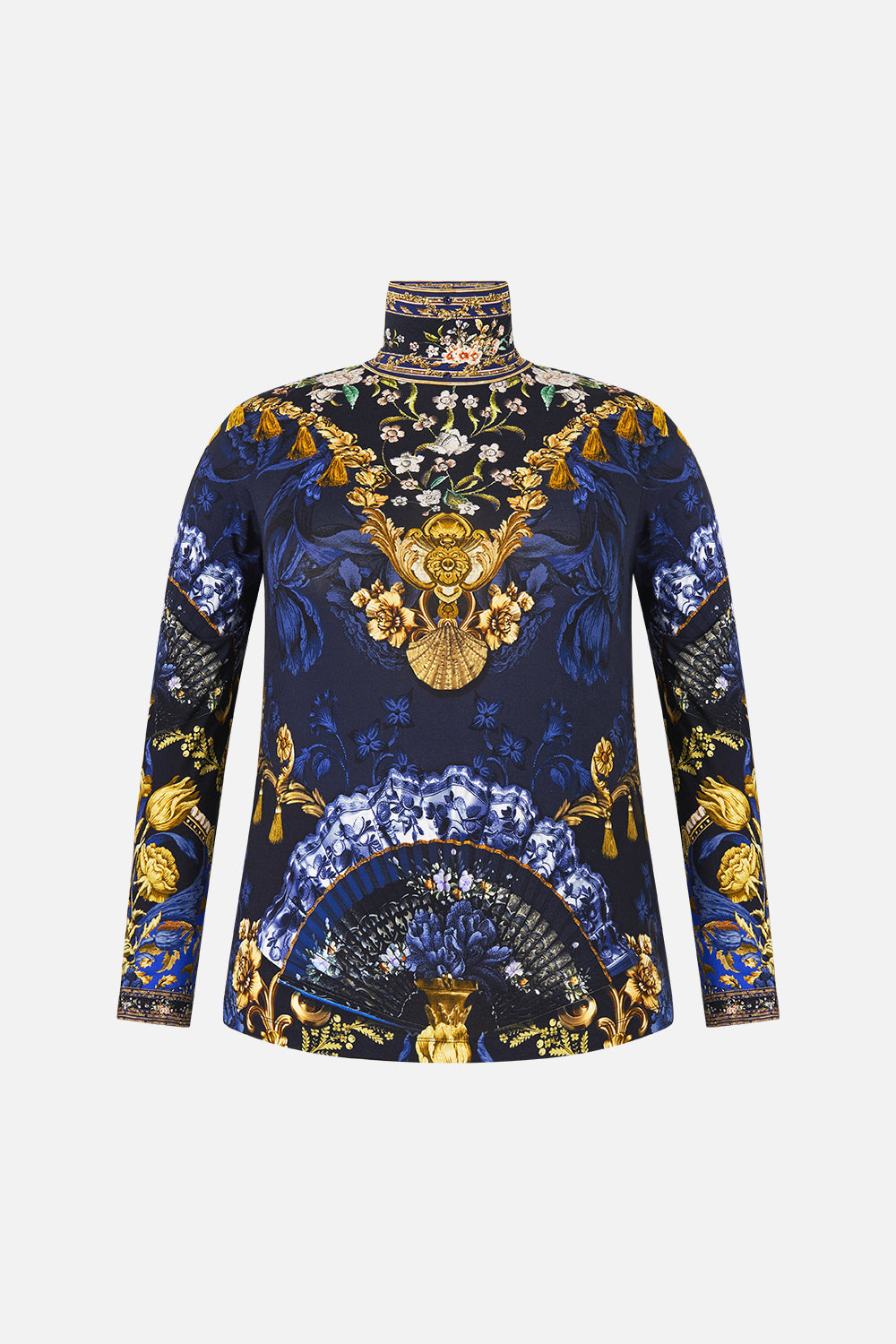The CAMILLA JERSEY TURTLENECK NOTES FROM THE BLUE ROOM in our  print.