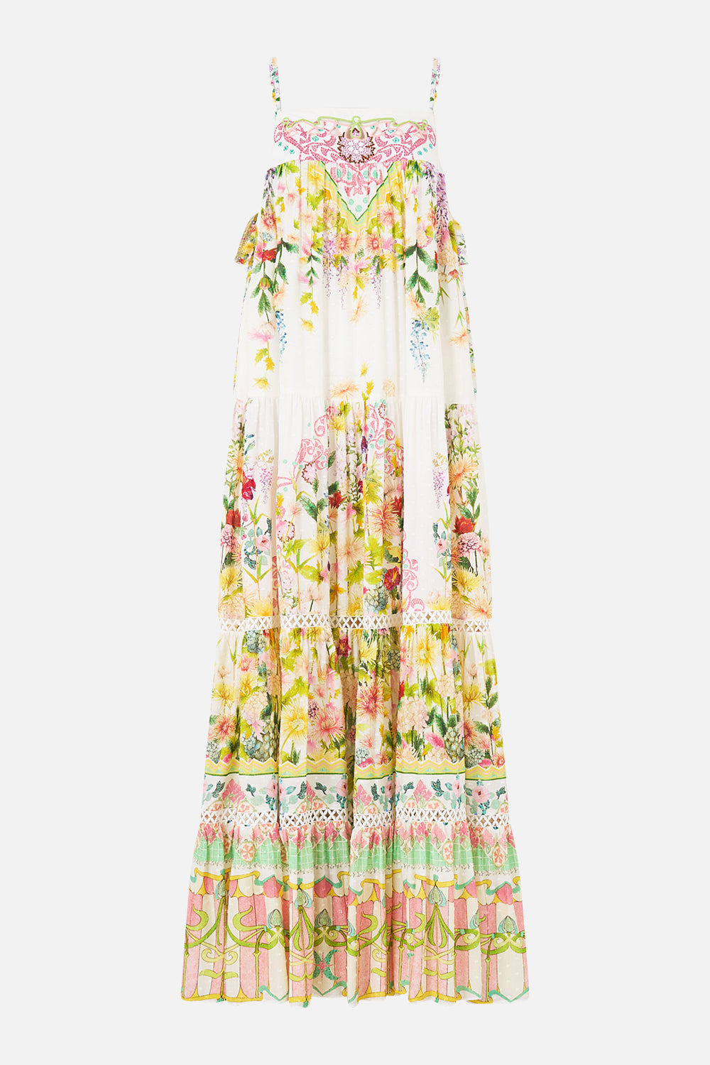 The CAMILLA long tiered dress with bow ties in our print The Call of Catalonia. Front view.