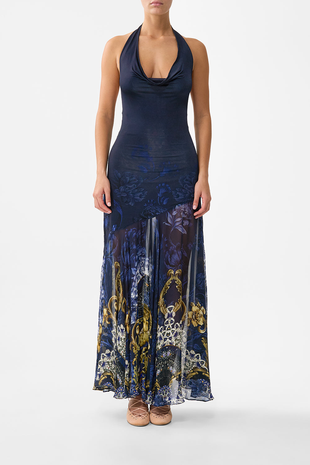 The CAMILLA cowl neck halter dress in our print Notes from the Blue Room. Front model view.