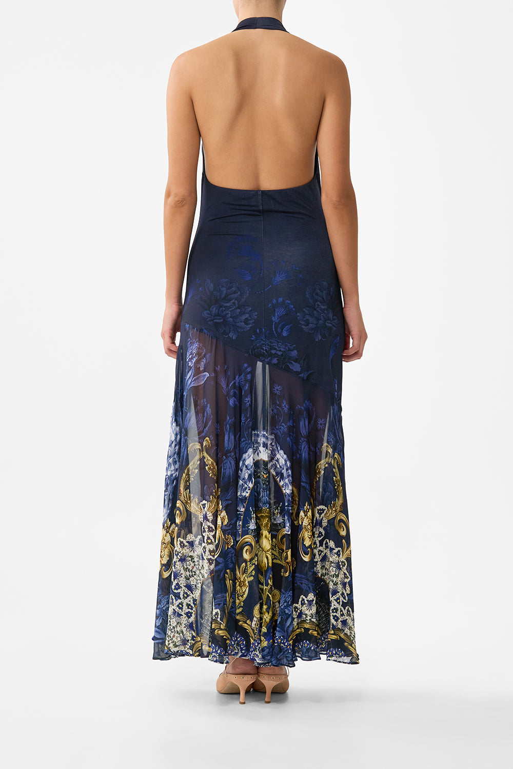 The CAMILLA cowl neck halter dress in our print Notes from the Blue Room. Back model view.